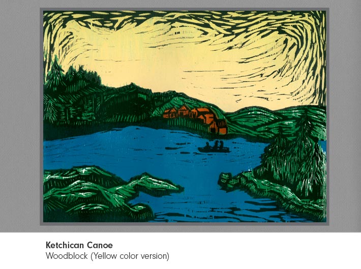 Woodblock of lake in Alaska