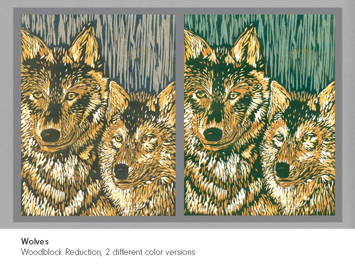 Woodblock of wolves
