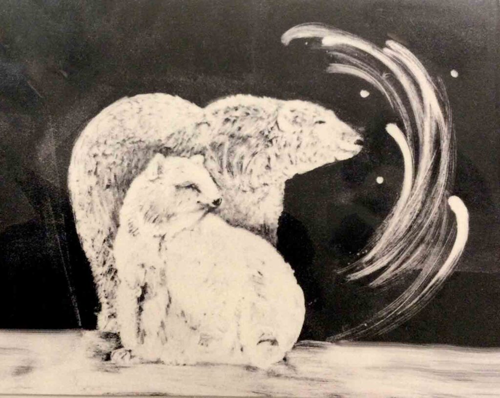 Black and white image of painted polar bears