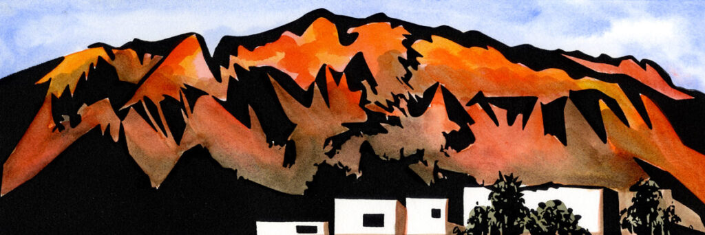 Sandia Mountains Block Print and Watercolor