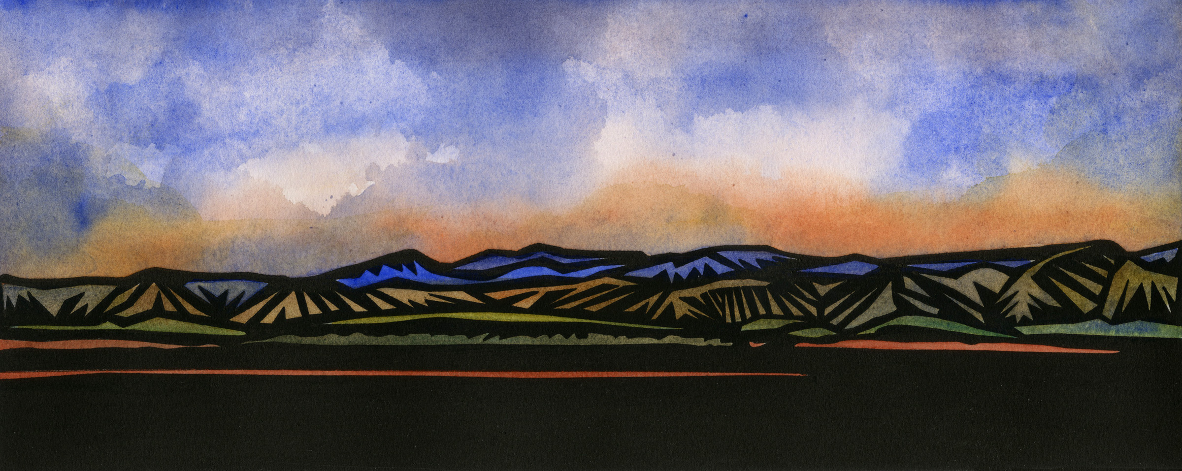 Mixed Media: Printmaking and watercolor mountains