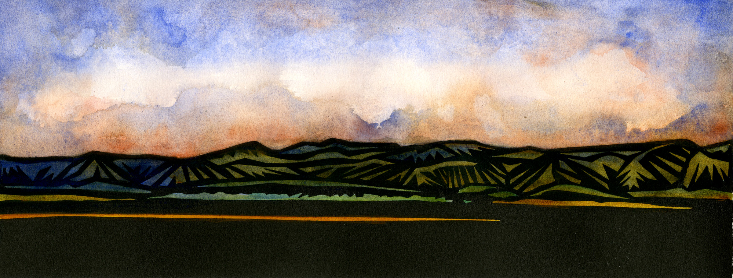 Mixed Media: Printmaking and watercolor mountains